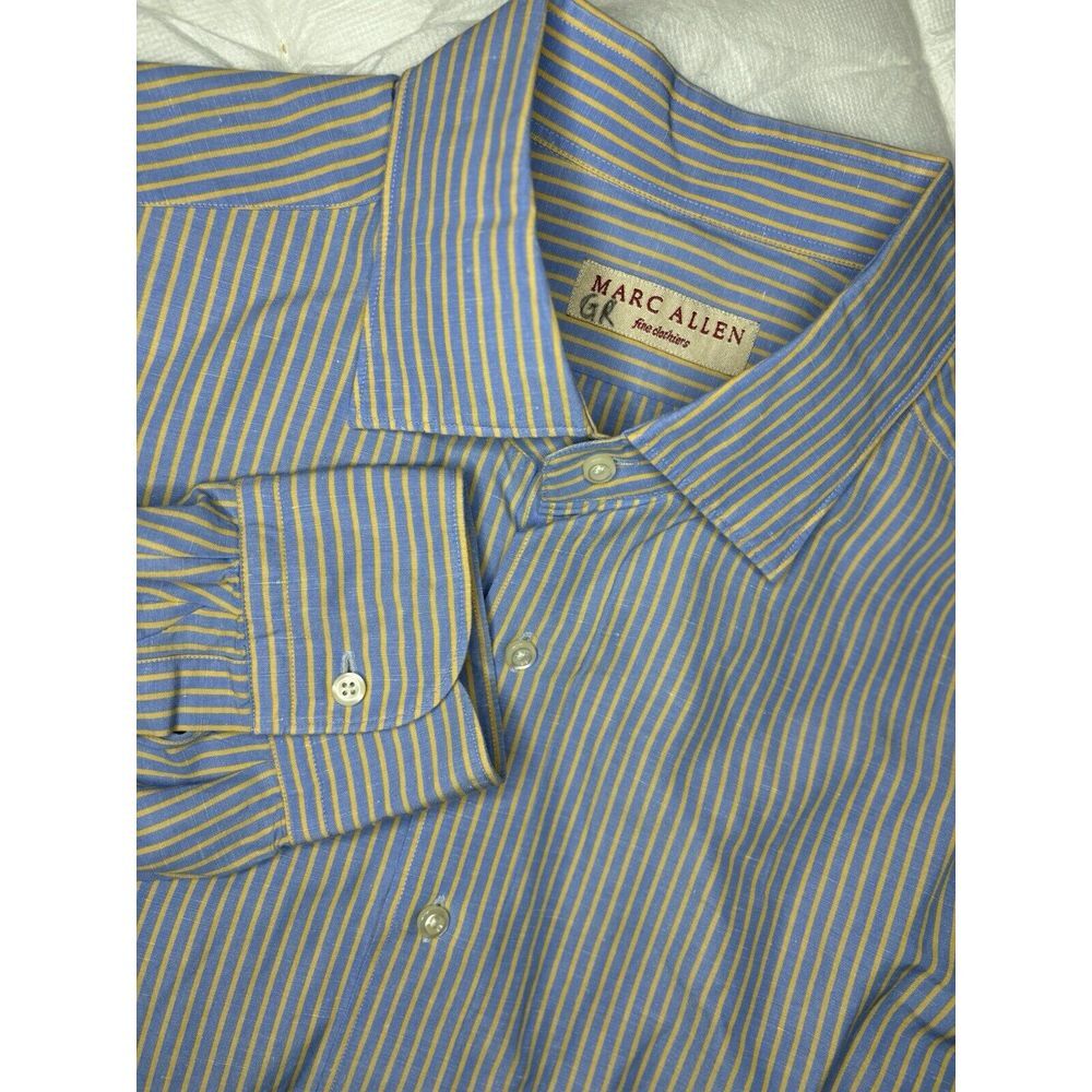 Marc Allen Fine Clothiers‎ Linen Blend Button Up Shirt XL Yellow & Blue Striped